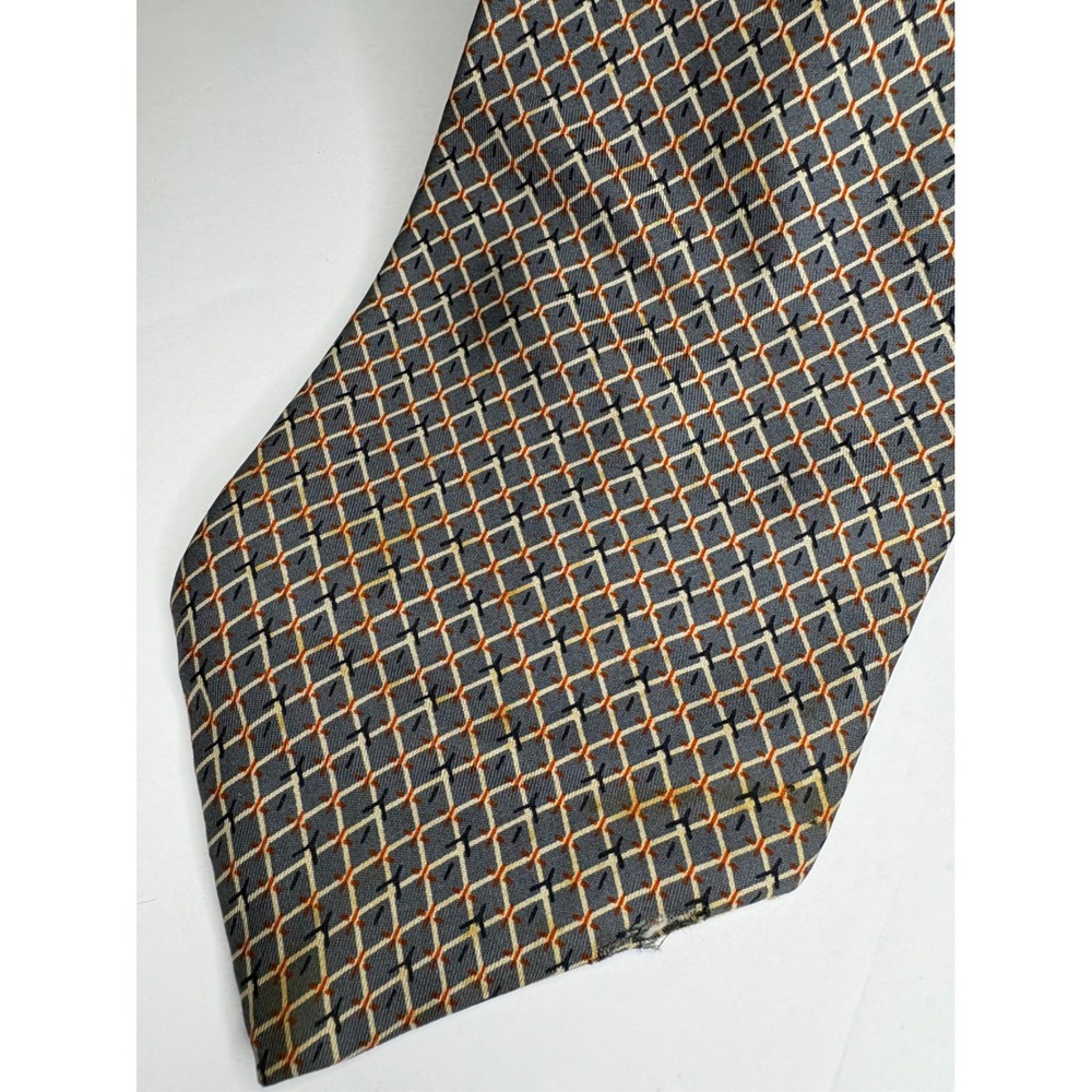 Yves Saint Laurent‎ Silk Tie Mens Geometric Pattern Gray Orange Necktie